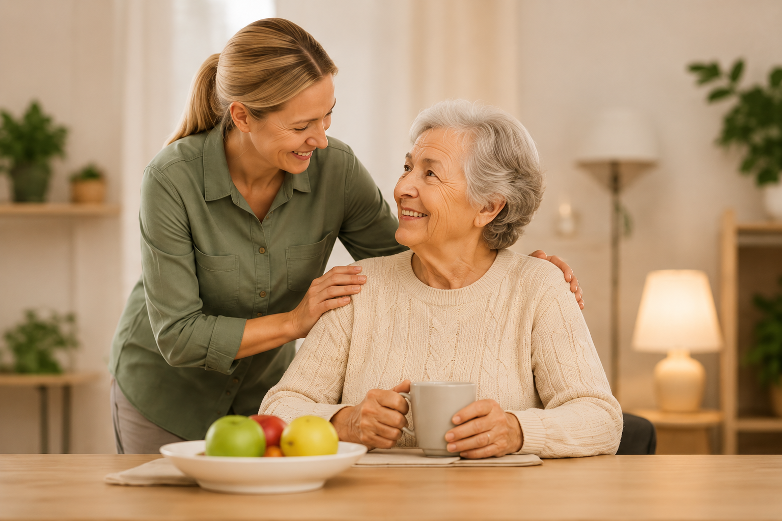Eine Betreuungskraft steht lächelnd hinter einer Seniorin am Esstisch im eigenen Zuhause.